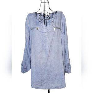 Ellen Tracy 100% Linen Tunic Top Light Blue Zip Detail L